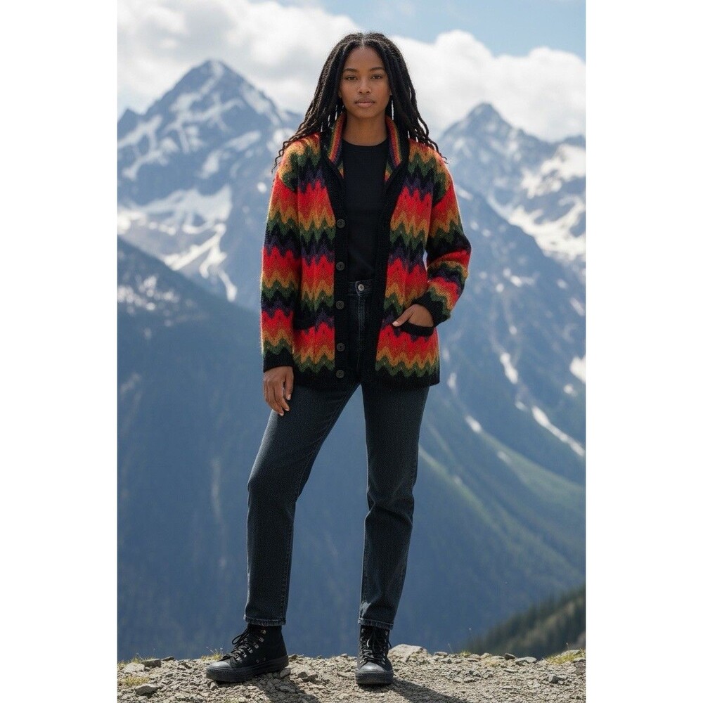 Alpaca Inka Peru Wool Cardigan Sweater Rainbow Chevron Geometric Boho Medium